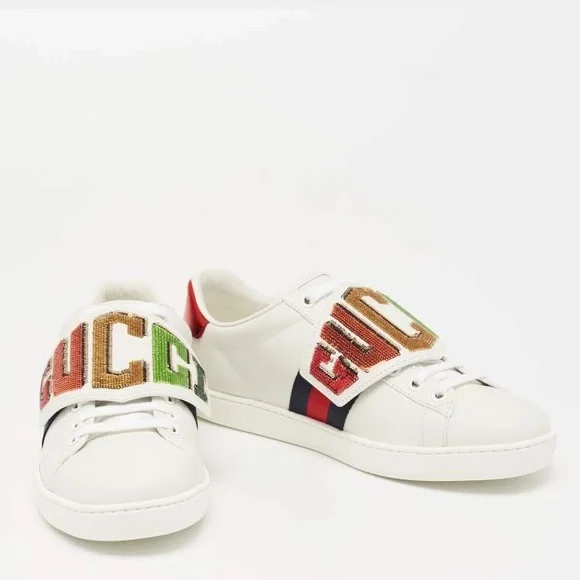 Gucci White Leather And Canvas Ace Sneakers